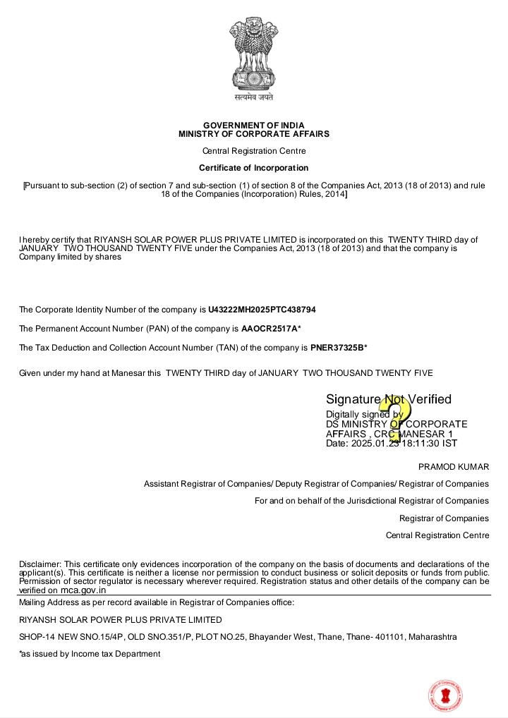 Certificate of Incorporation - Ministry of Corporate Affairs